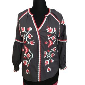 RD & Koko Embroidered Aztec Print Black Bell Sleeve Boho Cotton Top Medium